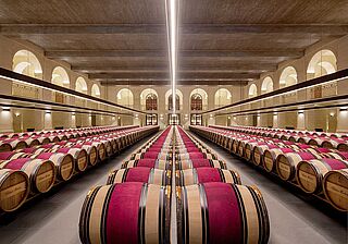 Fässer in einem Weinkeller im Bordeaux (Chateau Montrose)