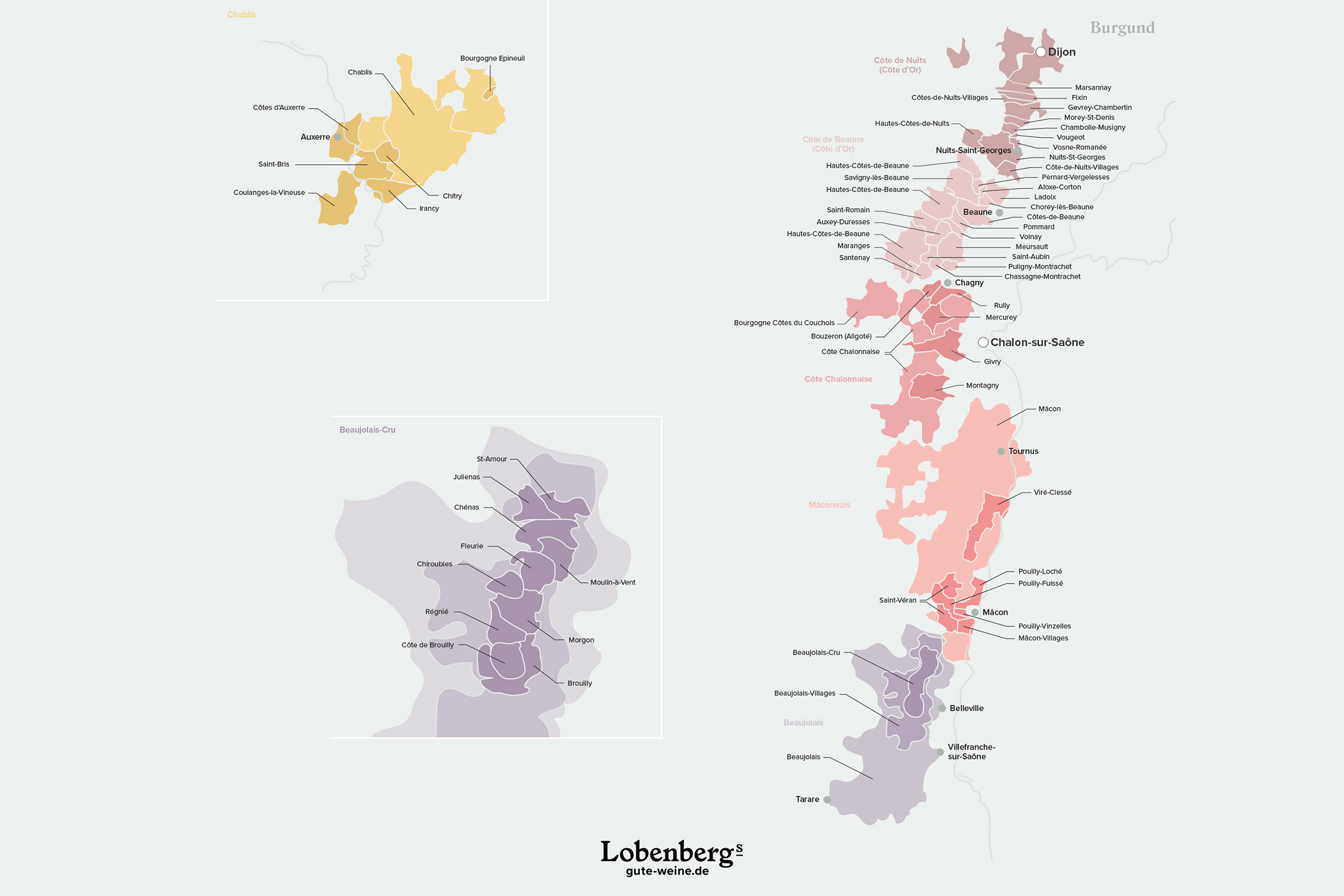 Landkarte mit Weinregionen in Burgund