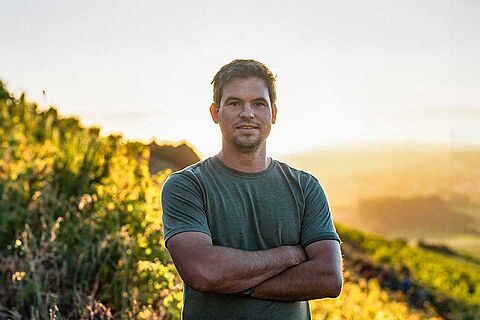 Matthew Day auf dem Weinfeld Klein Constantia in Südafrika