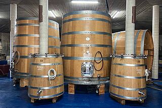 Weinkeller des Weinguts Bodega Cerron mit Weinfässern