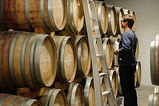 Winzer vor Weinfaessern, neben einer Leiter im Weinkeller Keermont