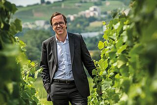 Winzer steht im Weinberg