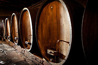 Weinkeller und Weinfässer der Domaine Weinbach